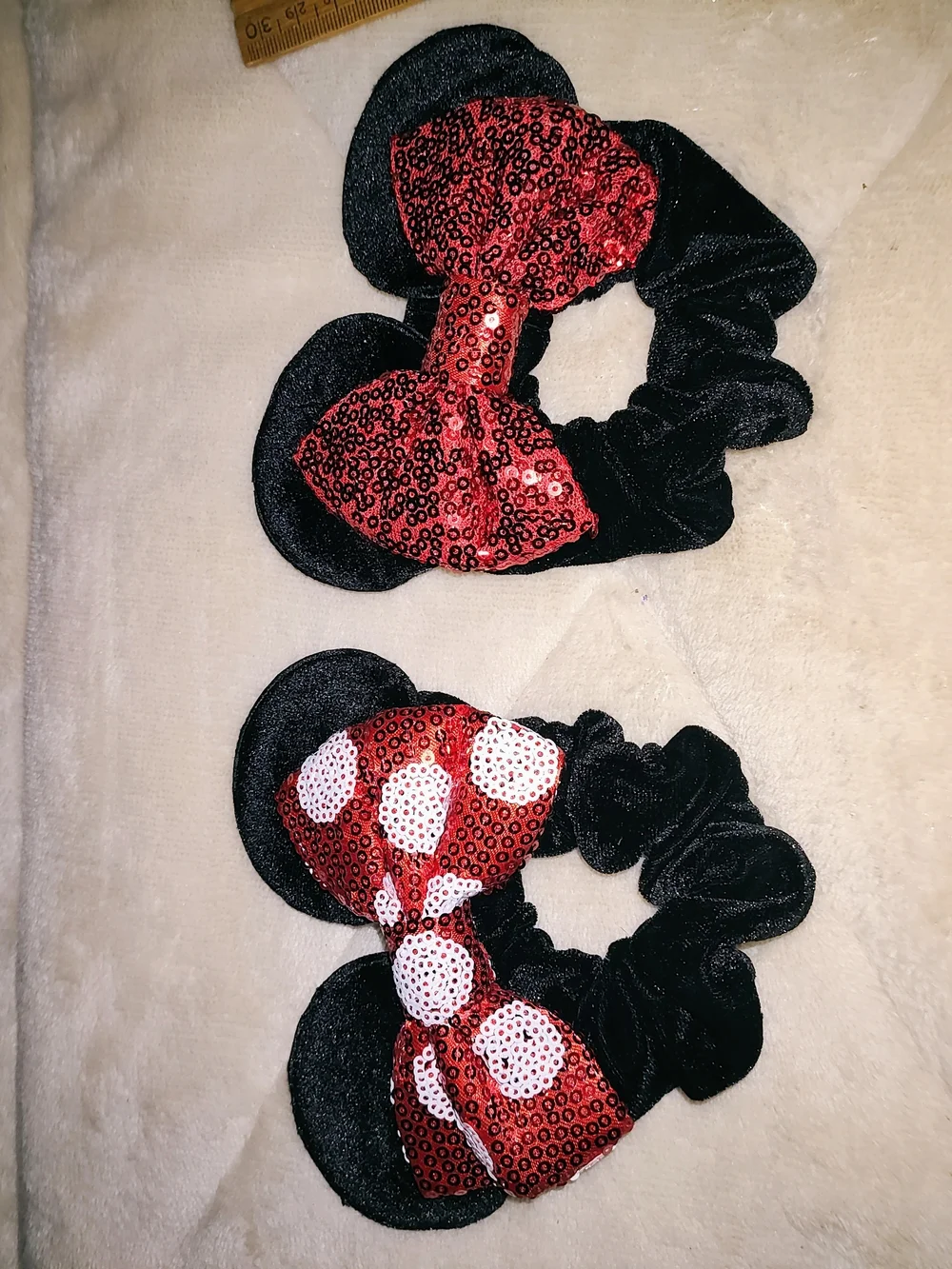 Disney Black Minnie Ear Scrunchies with Red Sequin Bows